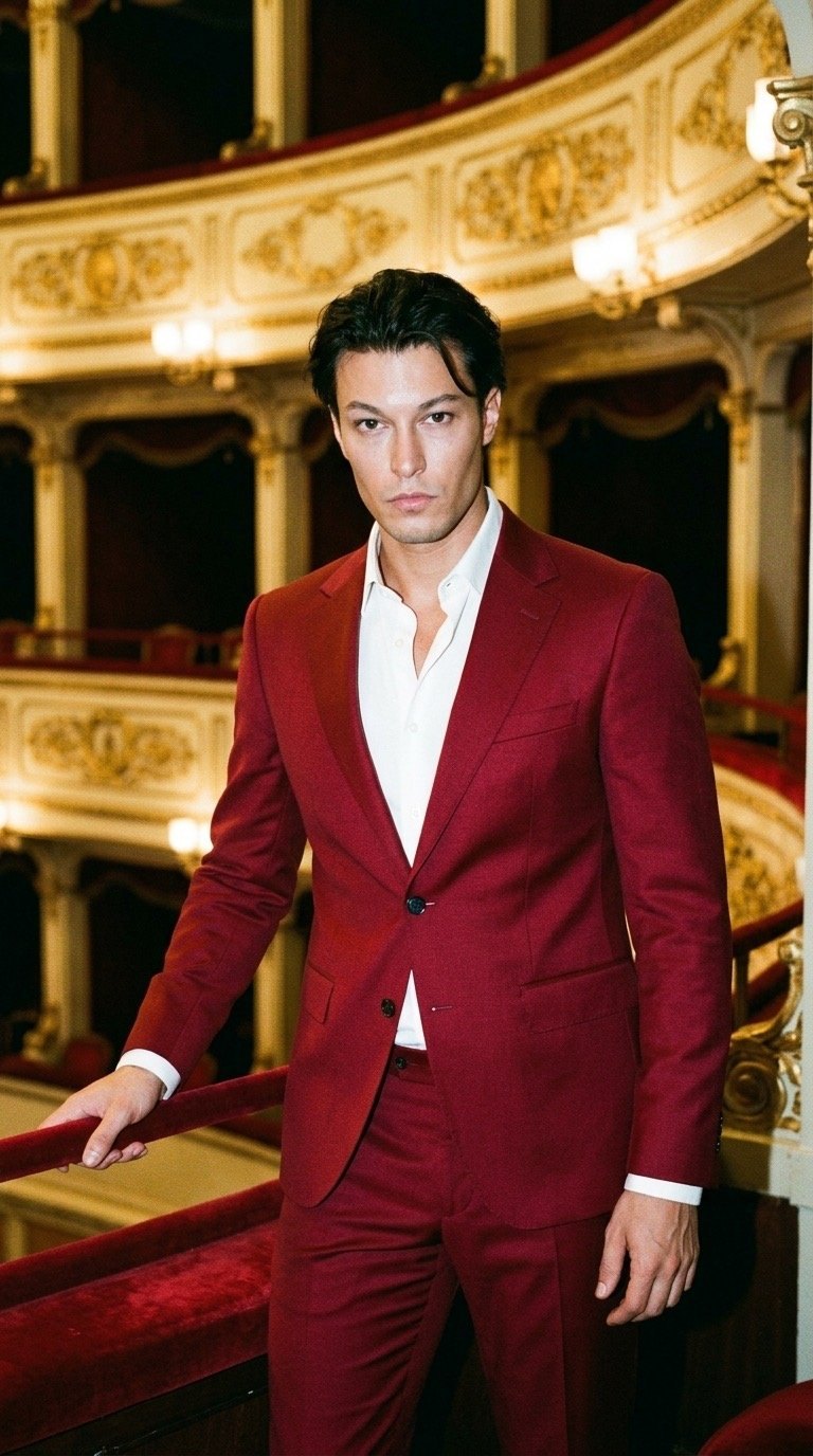 Lord Conrad in completo rosso davanti a una sala illuminata