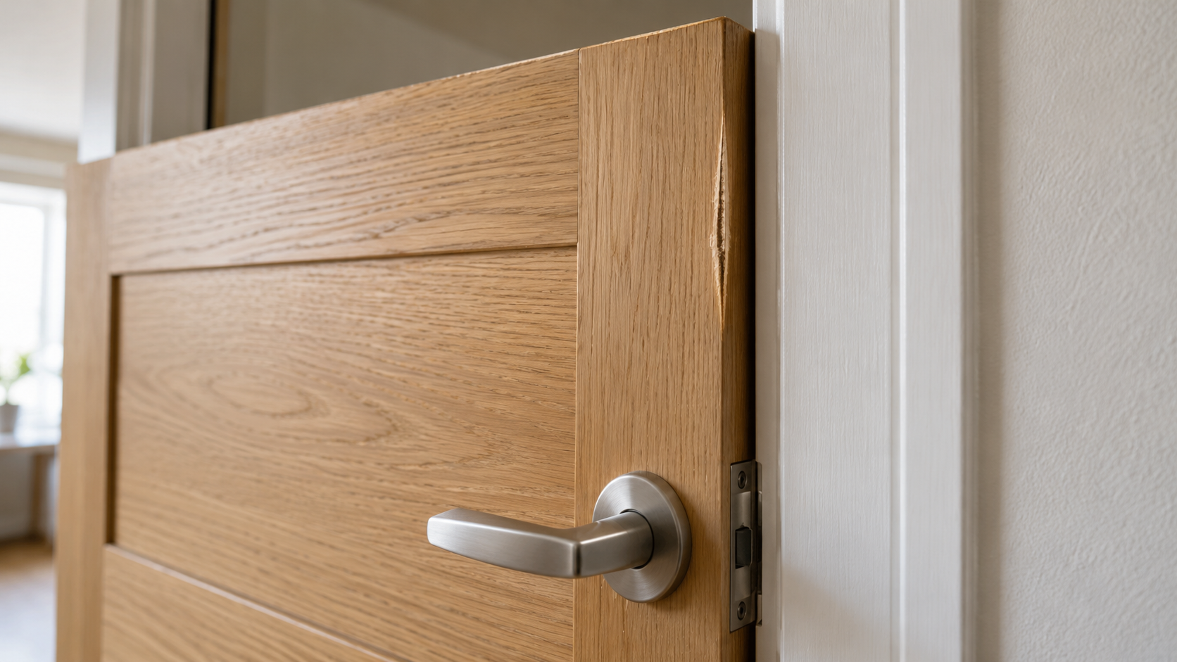 Porta interna in legno chiaro accostata allo stipite bianco, con maniglia metallica e tracce di sfregamento sul bordo.