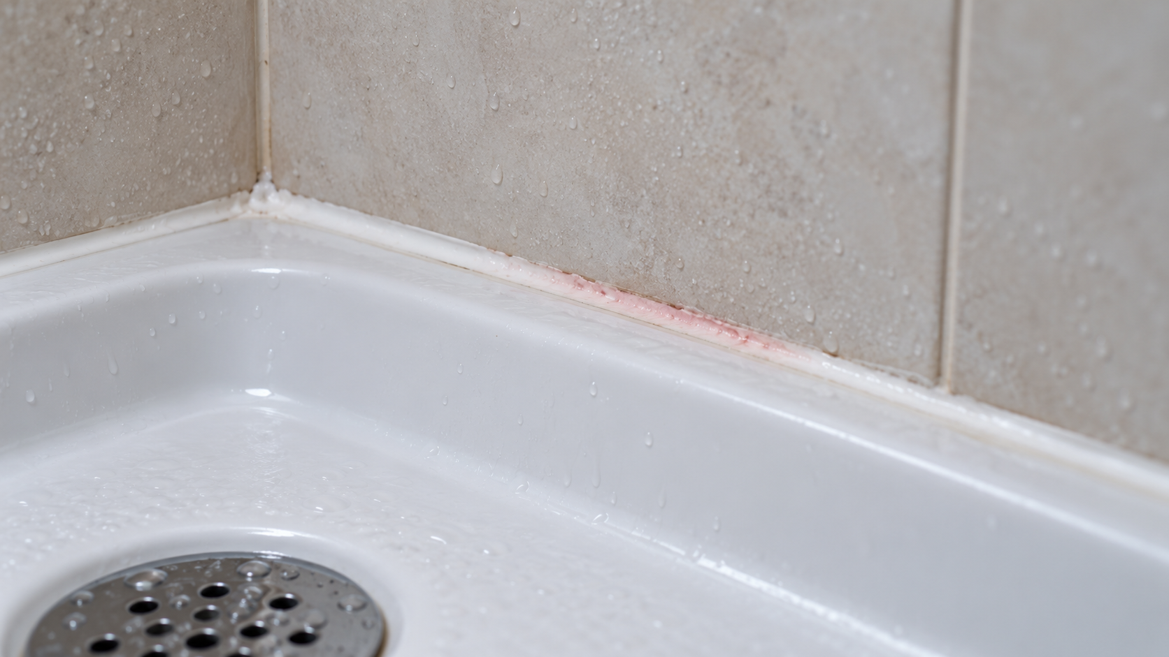 Patina rosata sul giunto in silicone tra piatto doccia bianco e piastrelle beige, con gocce d’acqua.